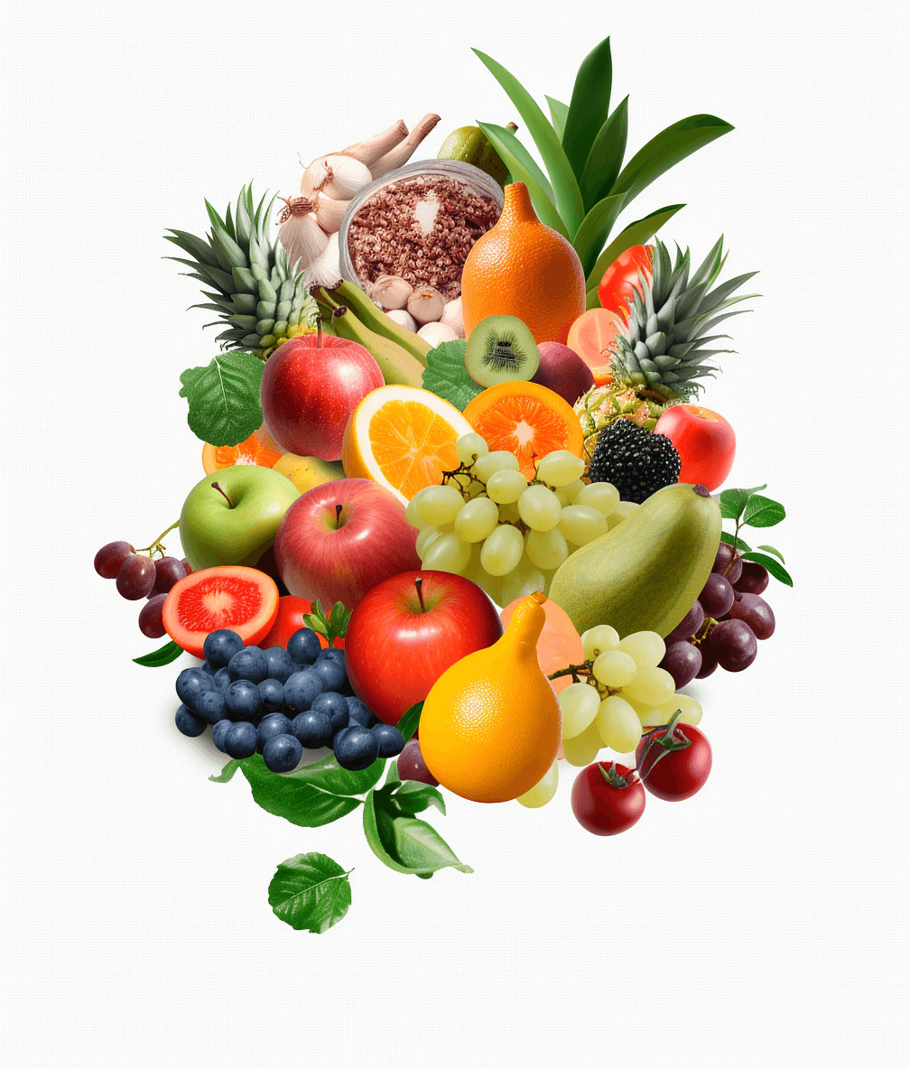 Fruit and vegetable graphics, with various fruits such as apples, oranges, grapes, bananas, pineapples, surrounded by dried fruit and food elements, white background, illustration style, highdefinition photography, bright colors, high details, natural light, static composition, fresh atmosphere.,,in