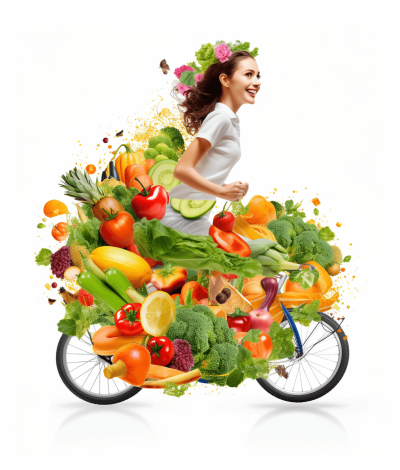 A beautiful woman riding a bicycle made of vegetables and fruits, with a smiling face in profile against a white background. The image has a colorful splash effect and appears to be a 3D rendering with high resolution photography, professional lighting, and soft shadows bringing out hyperrealistic details like the woman's facial features and the texture of her hair. The overall image quality is high detail.