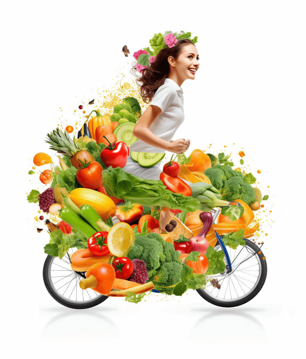A beautiful woman riding a bicycle made of vegetables and fruits, with a smiling face in profile against a white background. The image has a colorful splash effect and appears to be a 3D rendering with high resolution photography, professional lighting, and soft shadows bringing out hyperrealistic details like the woman’s facial features and the texture of her hair. The overall image quality is high detail.