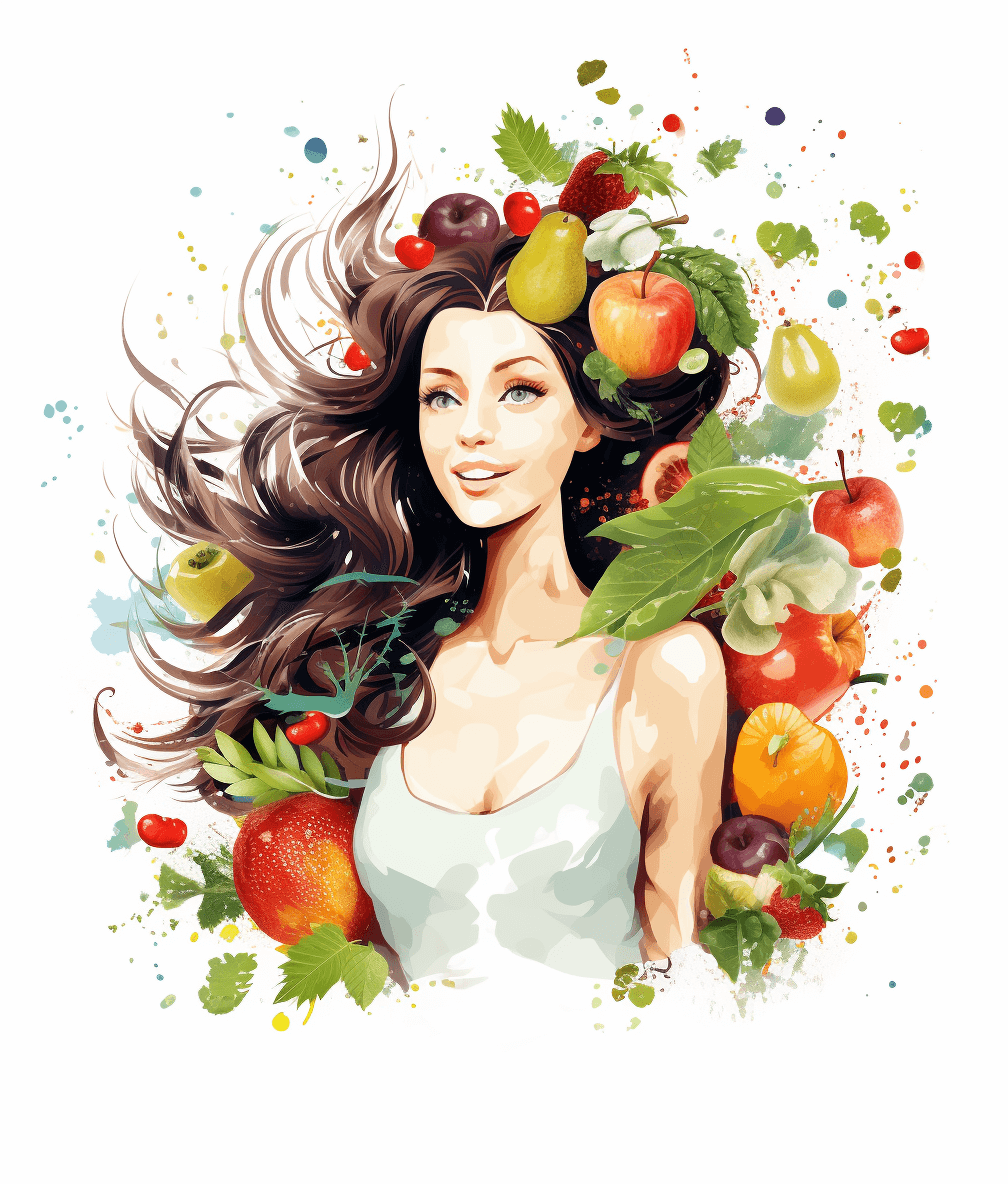 A beautiful woman with long hair surrounded by fruits and vegetables, on a white background, in the vector illustration style, with a watercolor painting effect, in a colorful cartoon style, at a high definition resolution with high detail.