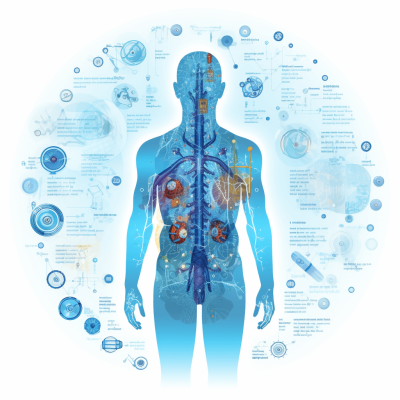 human body with icons of anatomy and medical symbols, blue color scheme, white background, futuristic style, with information about the human intuitive system, such as mind reading, stethoscope sounds, communication between brain plastic structures in simplified forms, surrounded by data visualization elements like graphs or charts, with visual vortex effects to emphasize complexity of inside artificial intelligence" The concept is that we can use AI technology for life cycle management using machine learning on realtime health data from humans, making it easy to track their wellbeing.