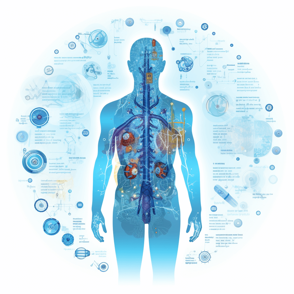 human body with icons of anatomy and medical symbols, blue color scheme, white background, futuristic style, with information about the human intuitive system, such as mind reading, stethoscope sounds, communication between brain plastic structures in simplified forms, surrounded by data visualization elements like graphs or charts, with visual vortex effects to emphasize complexity of inside artificial intelligence” The concept is that we can use AI technology for life cycle management using machine learning on realtime health data from humans, making it easy to track their wellbeing.