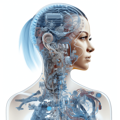 A detailed illustration of an AI humanoid woman's head and neck, filled with intricate circuitry and digital elements. The background is white to highlight the subject, with blue highlights in her hair for contrast. She has visible cybernetic enhancements in place of one ear and part or all of another face, creating an otherworldly appearance. Her skin appears transparent, showing internal mechanical components like gears and wires within it.