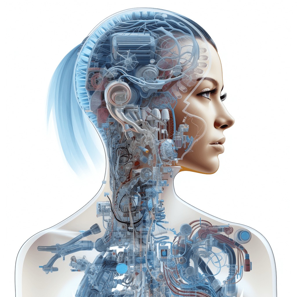 A detailed illustration of an AI humanoid woman’s head and neck, filled with intricate circuitry and digital elements. The background is white to highlight the subject, with blue highlights in her hair for contrast. She has visible cybernetic enhancements in place of one ear and part or all of another face, creating an otherworldly appearance. Her skin appears transparent, showing internal mechanical components like gears and wires within it.