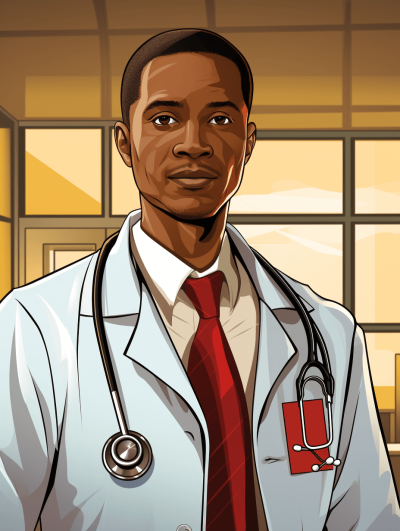 A cartoon illustration of an African American male doctor in front of hospital windows, wearing a white lab coat with a red tie and stethoscope around his neck. The background has warm yellow tones, giving the scene a friendly atmosphere. In the style of comic books with bold lines and exaggerated features.