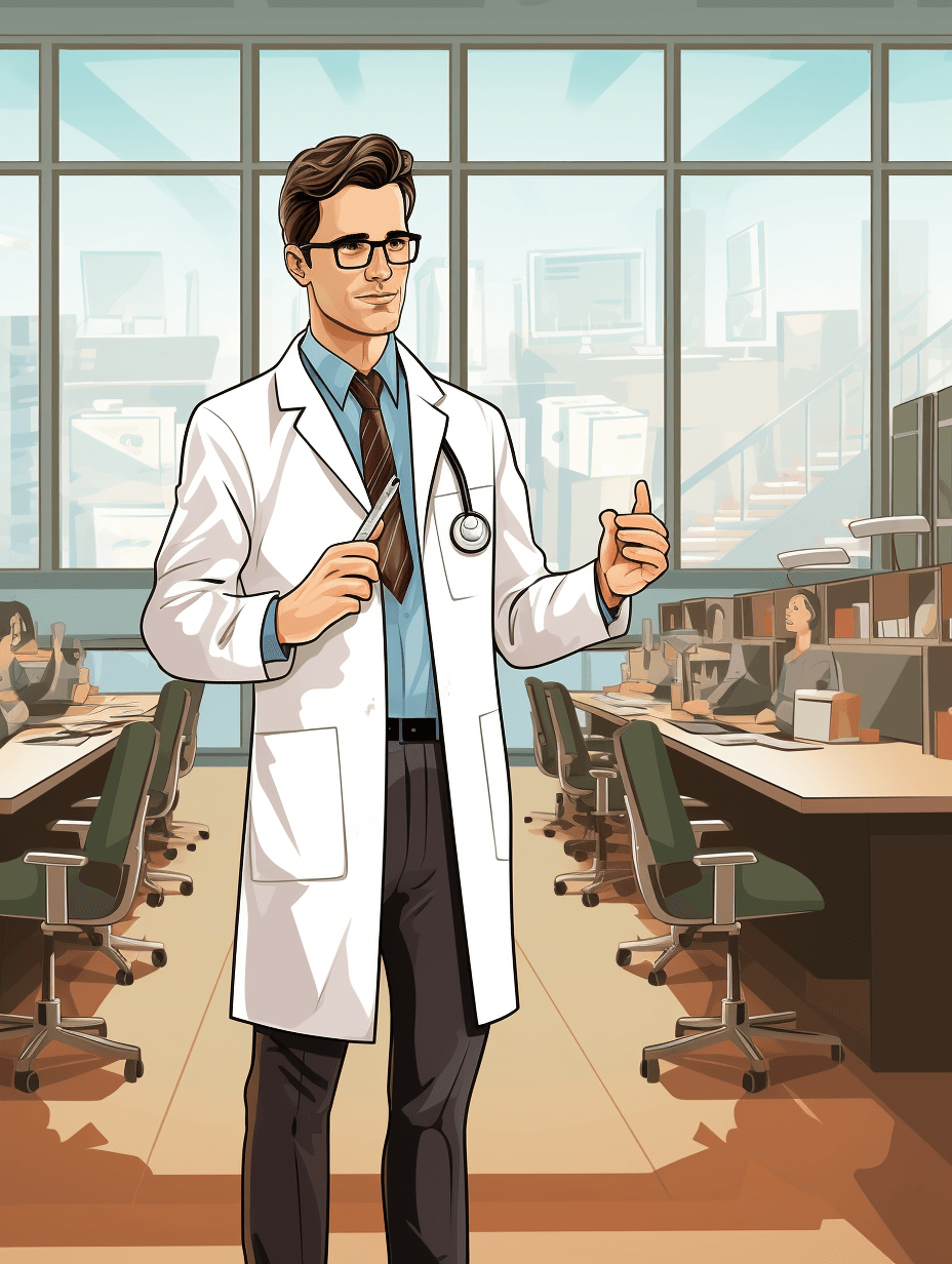 A male doctor in his office is standing and pointing at the camera, wearing glasses and a white lab coat with a tie. The background features an open space office filled with desks and chairs. There is also a window showing another building outside. People can be seen working on their computers inside the room in the style of a cartoon.