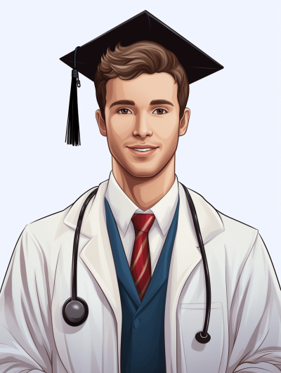 vector, handsome young man in white doctor's coat with stethoscope around his neck and black graduation cap on head