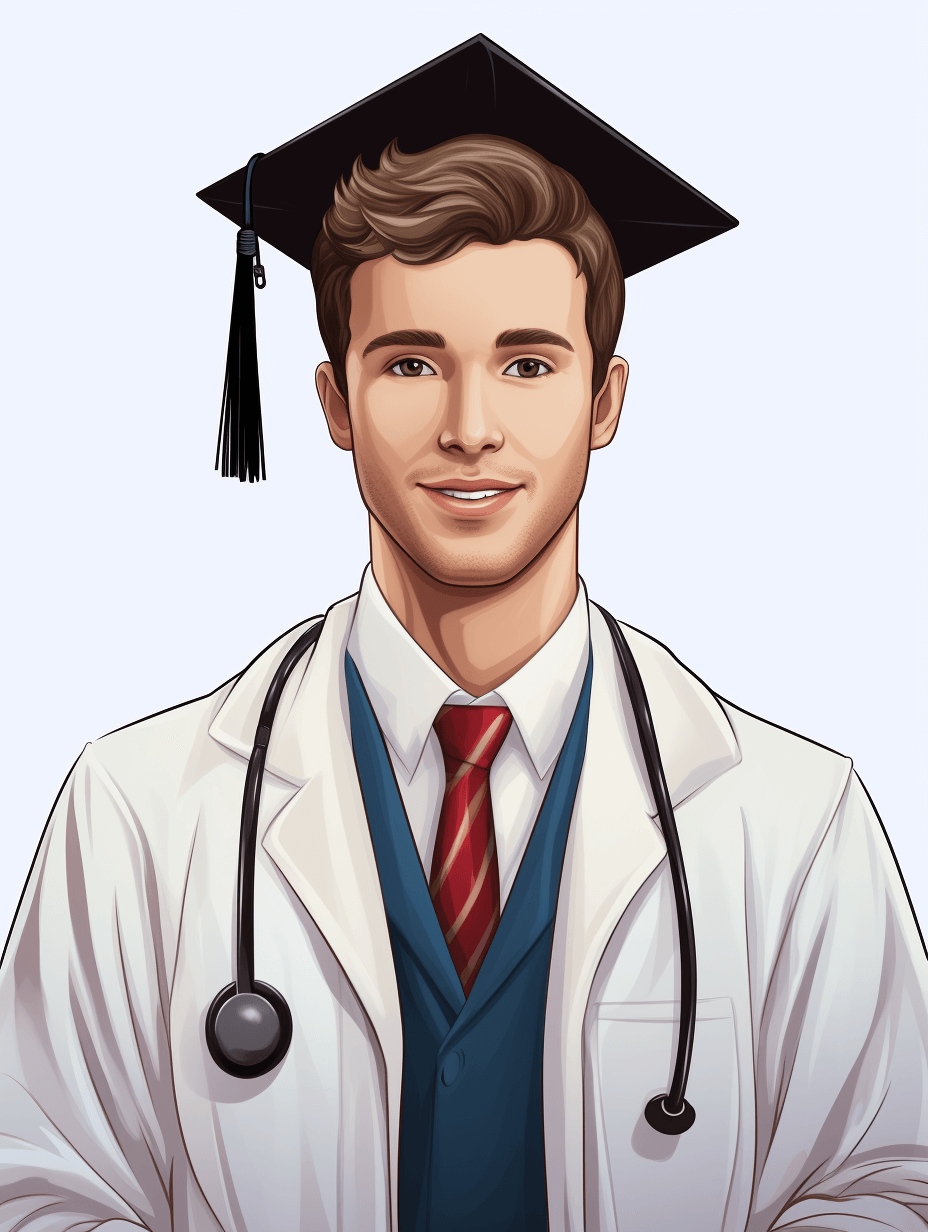 vector, handsome young man in white doctor’s coat with stethoscope around his neck and black graduation cap on head