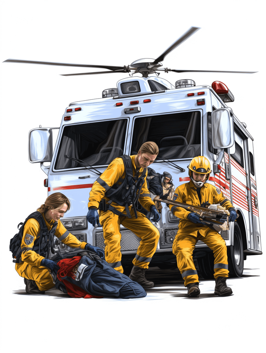 Illustration of three people in yellow gear helping an emergency patient, next to the fire truck and helicopter on a white background, with high detail, in a realistic style.