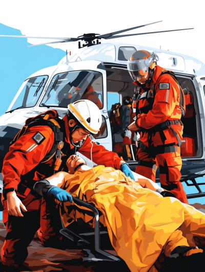 Illustration of an emergency medical scene in the style of [Cyril Rolando](https://goo.gl/search?artist%20Cyril%20Rolando), featuring red and orange first aid gear on the left side of two different safety workers in front of a flying helicopter taking care of a patient laying on a yellow blanket. The background is white with subtle blue accents. A high-resolution vector illustration suitable for print on t-shirts or tattoos. White Background