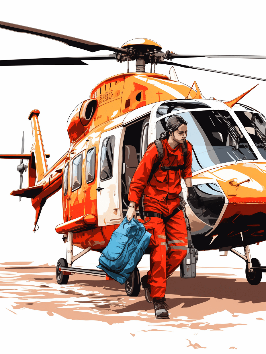 In the style of illustration, there is an orange and white helicopter with two large blades on its sides. A man in red carries medical equipment from his bag onto it. The background color should be light yellow to create contrast against the dark blue color of their bags. In vector format, with a white background, in a graphic design poster art style.