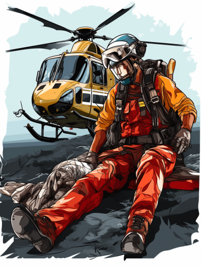 A first aid worker in high visibility gear and red overalls is sitting on the ground beside a helicopter, with their feet resting on some boulders. They have one arm around someone who has fallen off rocks after being attacked. The illustration is in the style of vector art.