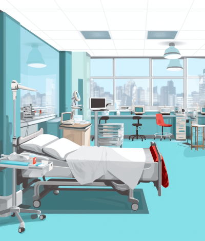 High quality vector illustration of a hospital room, featuring medical equipment and furniture in light blue tones. The background is a cityscape through the window, adding depth to the scene. A bed with linen lies at one end, while other chairs stand around it, creating an atmosphere suitable for patient care or study activities. There is also an office desk with computers on top, indicating there may be doctors working inside. No people are present. Isolated white background.