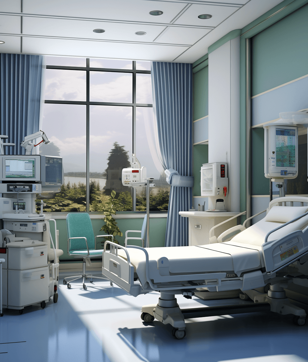 A hospital room with modern medical equipment and comfortable patient beds, set against the backdrop of an outdoor landscape view through large windows. The scene is bathed in soft natural light, creating a serene atmosphere. Rendered using Octane render for realistic lighting effects and textures, showcasing high resolution and intricate details, focusing on the face.