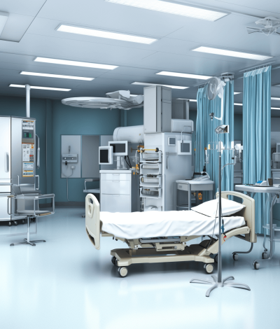 A modern hospital room with medical equipment and beds, rendered in high resolution. The scene includes a bed with an IV stand next to it, medical machines on the wall, curtain dividers providing private space, blue accents adding contrast against the white walls.