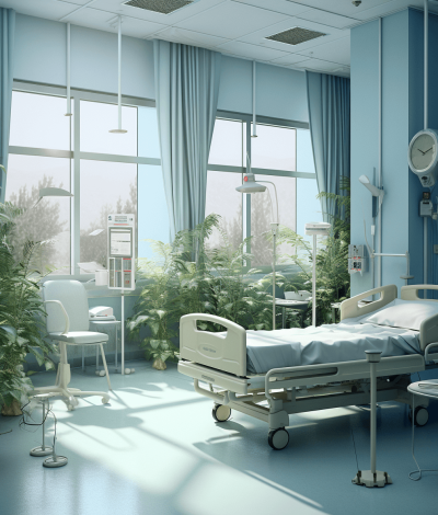 A hospital room with light blue walls, a bed and chairs in the background, plants on the windowsill, and medical equipment on one side of it. The entire scene is rendered in high resolution, with a cinematic feel and a realistic style.