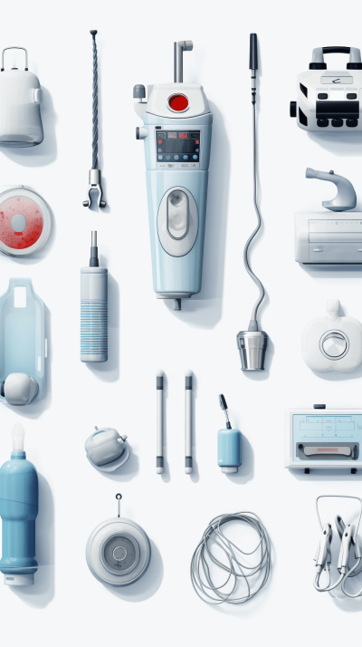 A collection of highquality, realistic images showcasing various medical equipment against a white background. The set includes an electric vacuum cleaner and cleaning tools like brooms, mops, sponges, etc., all in shades of blue or gray. Each object is detailed with its components, including wires for the Montreal". This composition highlights clean work environment and precision.