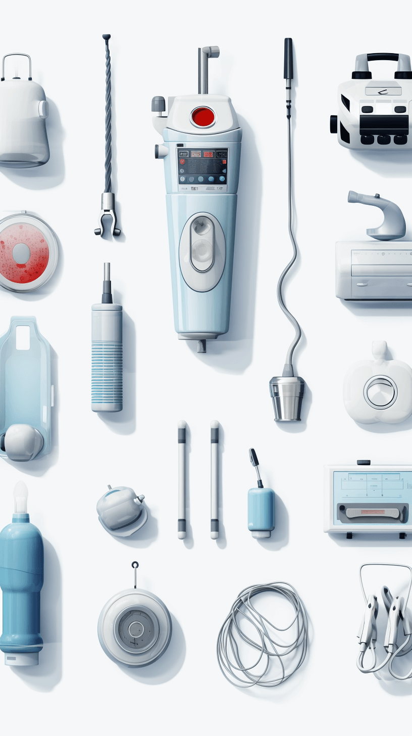 A collection of highquality, realistic images showcasing various medical equipment against a white background. The set includes an electric vacuum cleaner and cleaning tools like brooms, mops, sponges, etc., all in shades of blue or gray. Each object is detailed with its components, including wires for the Montreal”. This composition highlights clean work environment and precision.