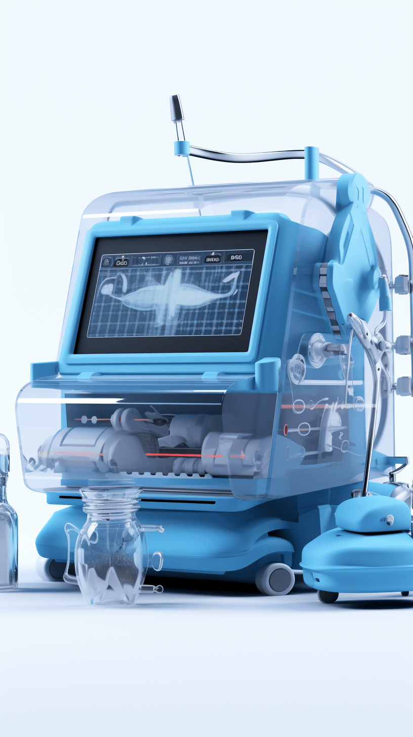 A realistic photo of an adult auspicious blue medical device with a display screen and monitor on the front, placed in plastic boxes filled with liquid crystal water, with a little bit of air floating next to it, and some metal pipes connected behind them. The background is white, and there is nothing else around. It has the style of a 3D rendering, is high resolution, and depicts a clean environment. It has an industrial design feel, a sense of technology, and professional lighting effects.