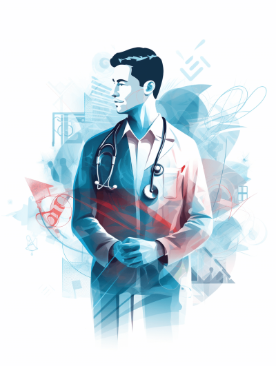 vector illustration of a digital double exposure portrait graphic design, a young male doctor wearing a white lab coat with a stethoscope around his neck and a blue business suit standing in a medical setting, on a light background, the color theme is red, cyan and grey tones, a center composition, in the style of flat vector art.