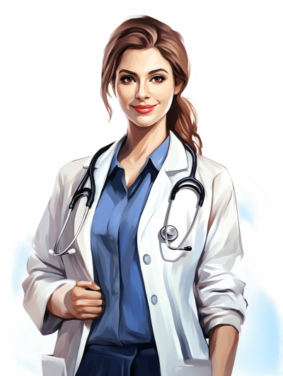 A beautiful female doctor in white coat, smiling face, blue shirt and stethoscope around her neck , digital illustration cartoon game art style, white background