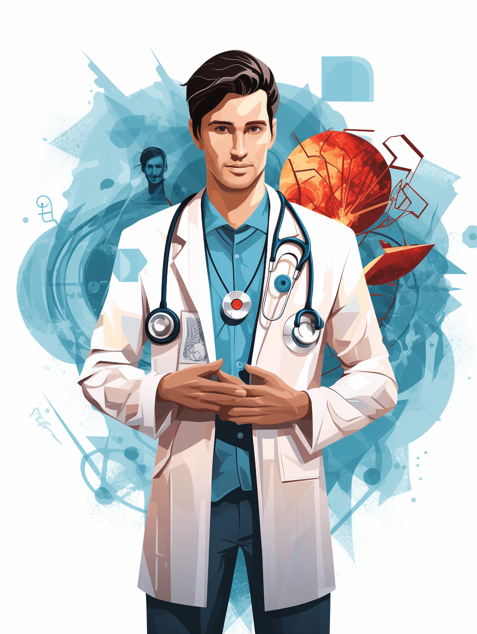 A portrait of a young doctor in a white coat with a stethoscope around his neck, standing confidently and wearing blue trousers. The background is adorned with various medical symbols such as spheres, gears or charts. In the style of a vector illustration. White background. In the background there is a digital painting of planet earth. Clean lines, flat colors, and a cool vibe. A tshirt design graphic, in the style of a vector illustration, contour, isolated on a clean white color background.