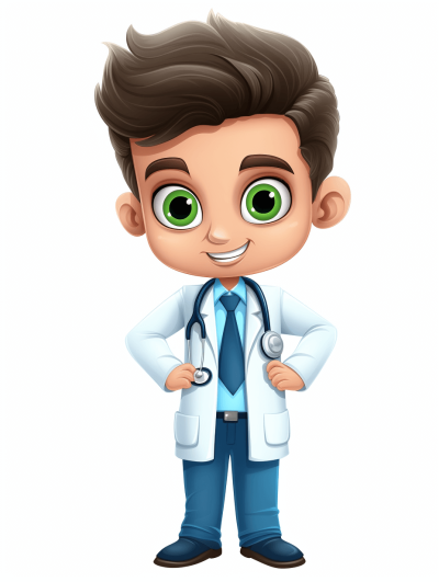 cartoon doctor with white coat and stethoscope, dark hair, green eyes, full body shot, no background, 3d style character, cute face of the boy is smiling