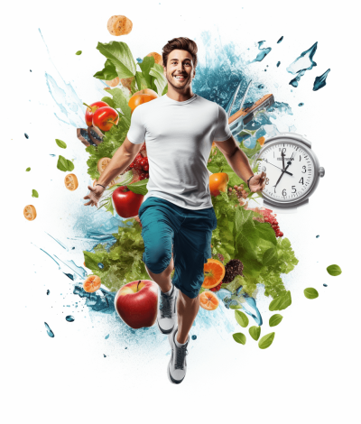 A young man in sportswear runs. Behind him is an explosion of vegetables and fruits with clock faces flying around on a white background, in the style of ultra realistic photography.