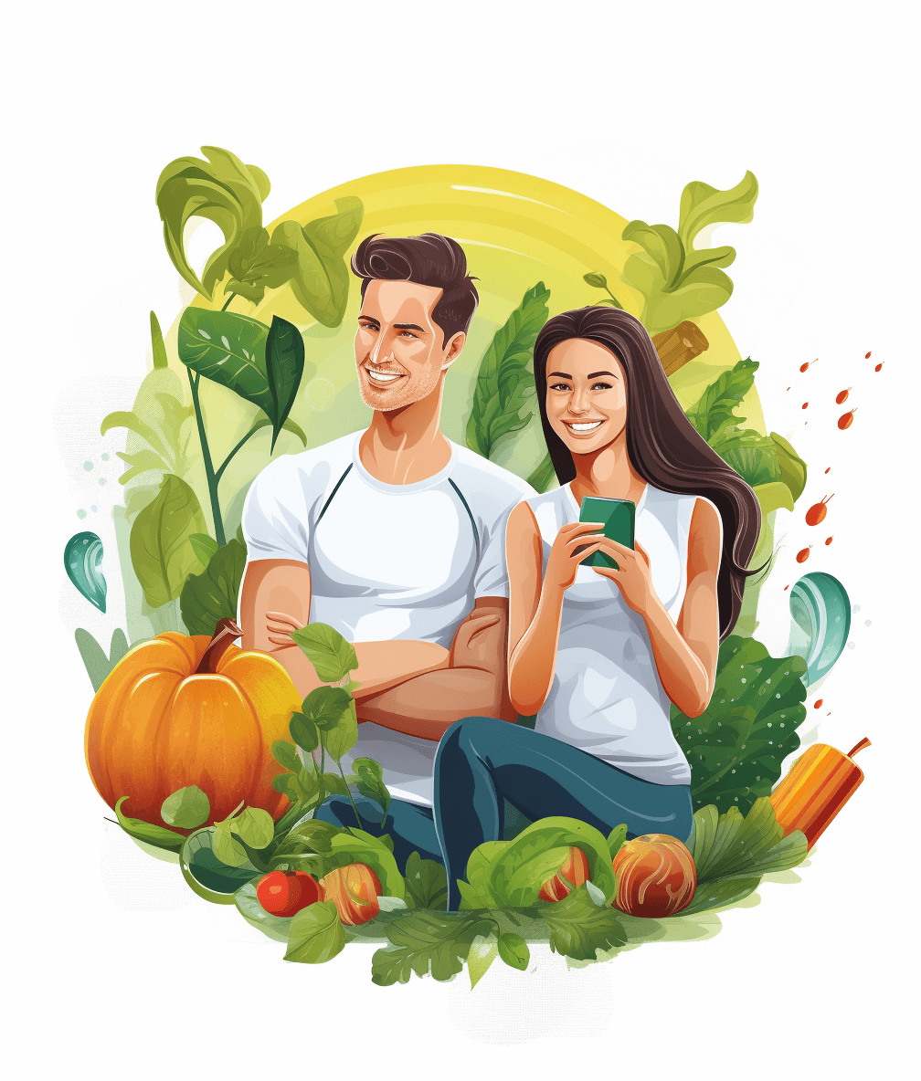 A man and woman in sportswear stand among vegetables, holding coffee cups and smiling at the camera. The illustration is in the vector style with bright colors and a white background. It has a cartoon style with green leaves and orange pumpkins around them. The images use simple lines and are high definition.