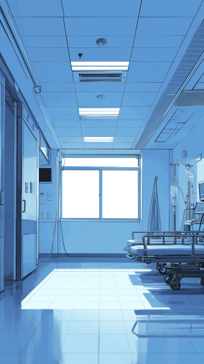 In the hospital ward, there is an empty medical bed in front of the window. The background wall features light blue and white tones, creating a simple illustration style with flat illustrations, highdefinition images, high resolution, high details, and bright colors.