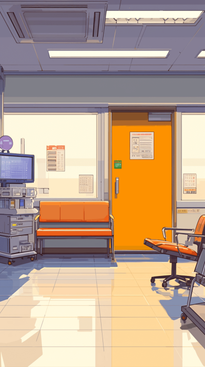 The background of the hospital waiting room is simple and bright, with orange doors on one side and medical equipment in front of them. The illustration style features flat illustrations, simple lines, high saturation colors, and high definition details. A white floor can be seen through the window, and there's an empty bench next to it. The style is reminiscent of anime cartoon and 2D game art with light gray tones, flat illustrations, and high definition details.