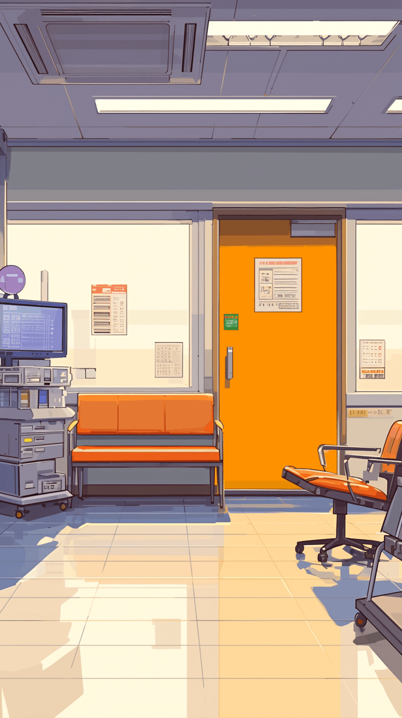 The background of the hospital waiting room is simple and bright, with orange doors on one side and medical equipment in front of them. The illustration style features flat illustrations, simple lines, high saturation colors, and high definition details. A white floor can be seen through the window, and there’s an empty bench next to it. The style is reminiscent of anime cartoon and 2D game art with light gray tones, flat illustrations, and high definition details.