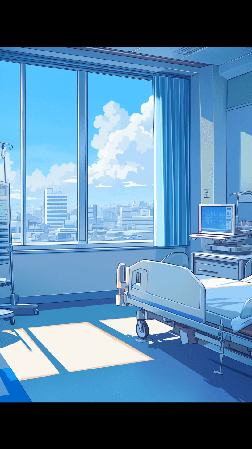 In the hospital room, there was an empty bed in front of large windows with blue curtains. The room had medical equipment and digital monitors. Outside the window, buildings and clouds could be seen. This scene was created in the style of Japanese anime. It uses flat colors to highlight the light color scheme. There was no one around.