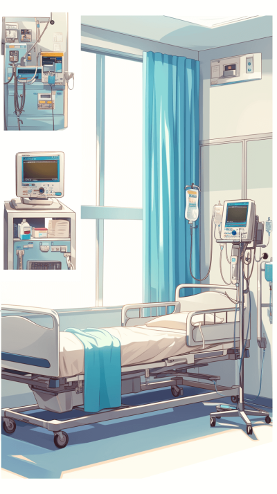 A vector illustration of a hospital room with a bed, monitors and medical equipment, using a light blue color palette, in the style of Andy Jannkson, concept art for game graphics by the Behance contest winner for beh_distance.