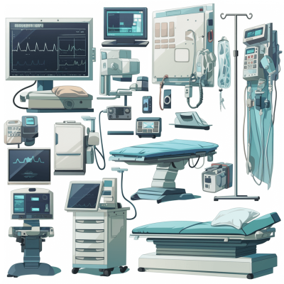 Vector illustration of medical equipment, vector graphics with various digital life support devices and life support devices in the style of raw, flat color illustrations of a hospital bed and monitor, clip art sticker sheet design on a white background.