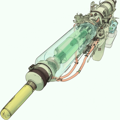 An illustration of an electric weapon with a glass body and long barrel containing green liquid, in the style of [Katsuhiro Otomo](https://goo.gl/search?artist%20Katsuhiro%20Otomo) and [Jean Giraud](https://goo.gl/search?artist%20Jean%20Giraud), on a white background, with a minimalistic design, as a color pencil sketch for concept art and a 2D game model view, at high resolution and with very fine details.