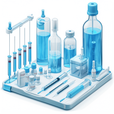 3d isometric illustration of medical equipment, syringe and vials filled with blue liquid on an open tray, white background, blue color palette, high resolution, hyper realistic,