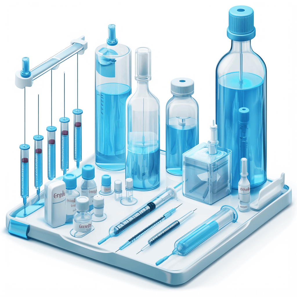 3d isometric illustration of medical equipment, syringe and vials filled with blue liquid on an open tray, white background, blue color palette, high resolution, hyper realistic,