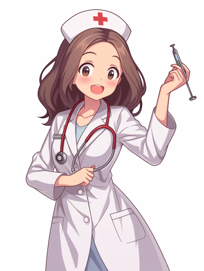 A cute nurse with long brown hair, wearing a white lab coat and stethoscope around her neck holding up a syringe in one hand. She has big eyes and is smiling at the viewer. The background of the illustration should be pure white to make it easy for coloring. In the style of cartoon anime.
