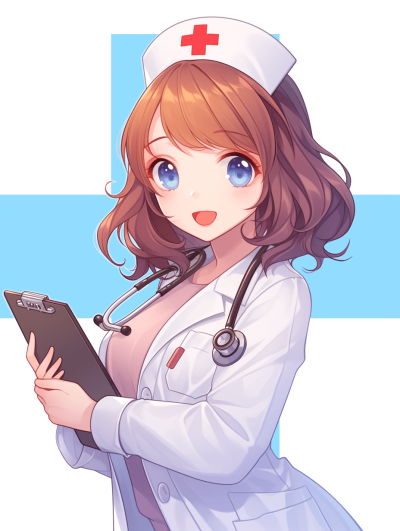 Nurse, in the style of anime, holding a medical notebook in hand, with a blue cross background, brown hair and light eyes, wearing a white nurse's uniform with a red print on the chest and hat, in an anime art style, colorful, cute cartoon illustration, high resolution, detailed.