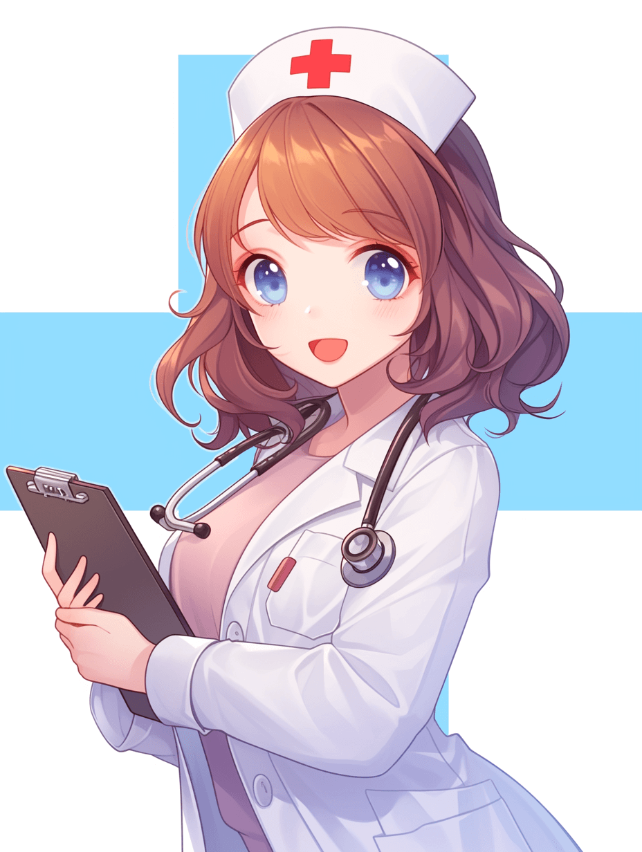 Nurse, in the style of anime, holding a medical notebook in hand, with a blue cross background, brown hair and light eyes, wearing a white nurse’s uniform with a red print on the chest and hat, in an anime art style, colorful, cute cartoon illustration, high resolution, detailed.