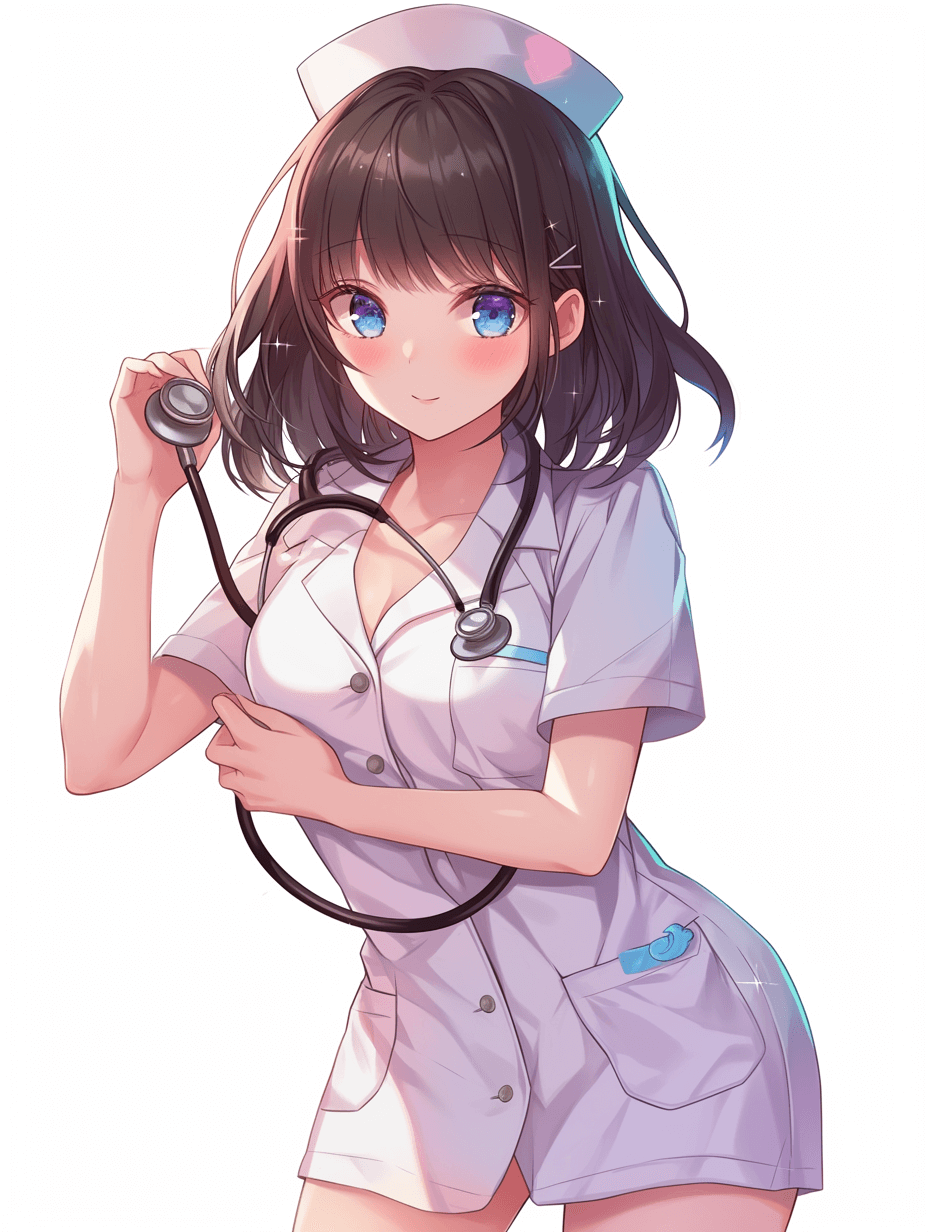Nurse, stethoscope around neck, nurse uniform, dark hair and blue eyes, anime style illustration, cute pose, full body shot, white background, 2D flat.