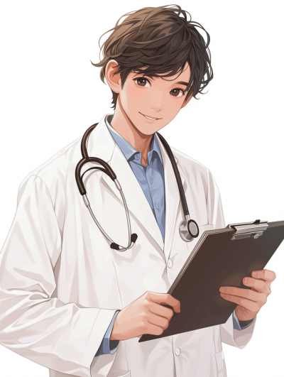 A male doctor with brown hair holding a clipboard in the style of anime. The illustration is of an anime character design without a background and in the style of anime.