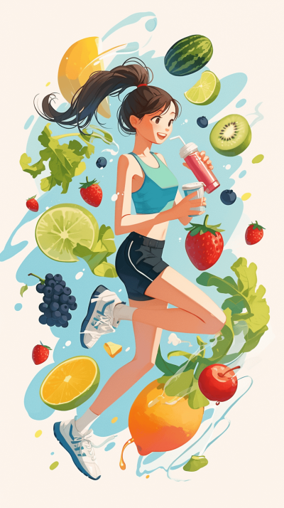 A girl in sportswear running with fruit juice, surrounded by fruits and vegetables, in the cartoon style, flat illustration, colorful, high resolution, white background, 2D design, simple details, simple lines, clean background, high quality, high definition, high detail.