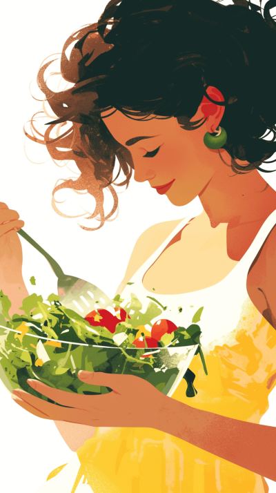 A woman is eating salad, closeup shot of her hands holding the bowl with fresh vegetables and green leaves in it. She has dark hair and wears an elegant white dress with yellow details on one shoulder, and there's some red lipstick visible around his lips. The illustration style should be playful and colorful, capturing the joyous moment as she sips from a straw while enjoying her delicious meal. It must have a white background to emphasize its vibrant colors.