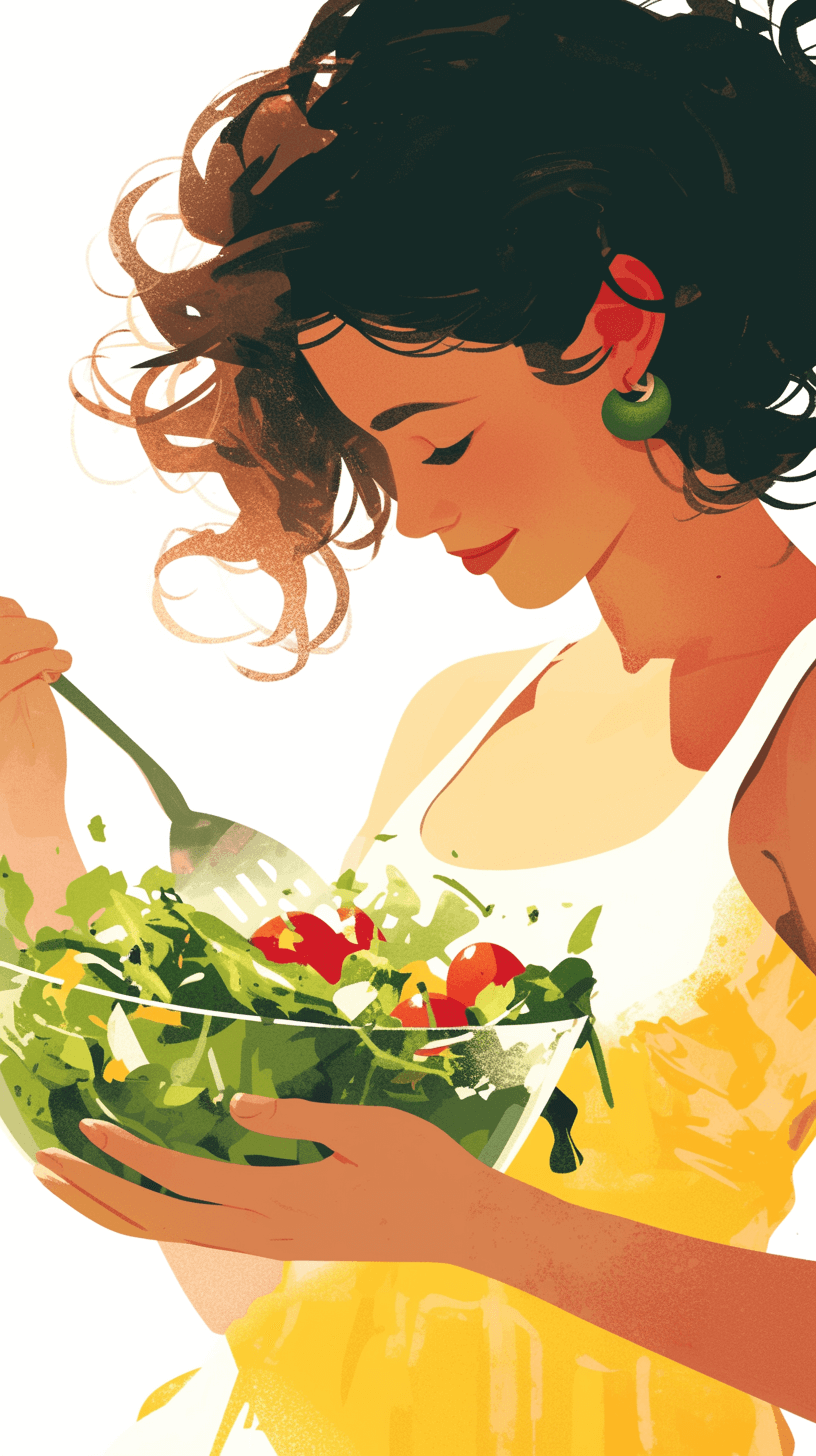 A woman is eating salad, closeup shot of her hands holding the bowl with fresh vegetables and green leaves in it. She has dark hair and wears an elegant white dress with yellow details on one shoulder, and there’s some red lipstick visible around his lips. The illustration style should be playful and colorful, capturing the joyous moment as she sips from a straw while enjoying her delicious meal. It must have a white background to emphasize its vibrant colors.