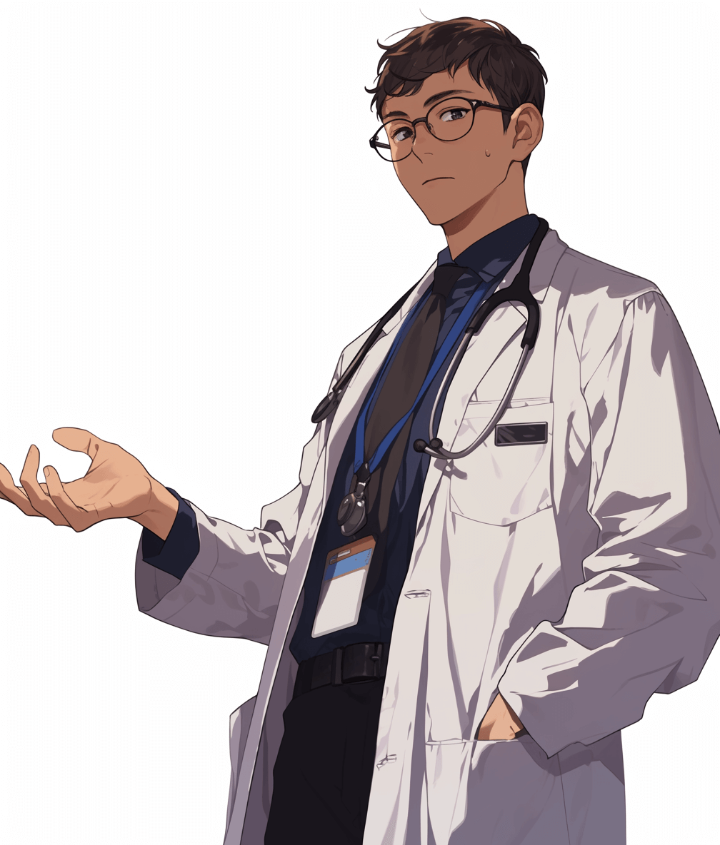 A male doctor wearing a white lab coat is depicted in an anime style illustration with his hand held out to the side as if talking about something on that side of him. There is no background and it is a full body shot drawn in an anime art style. He has dark hair and glasses and is wearing black pants with a blue shirt underneath and a lanyard around his neck, in the style of anime art.