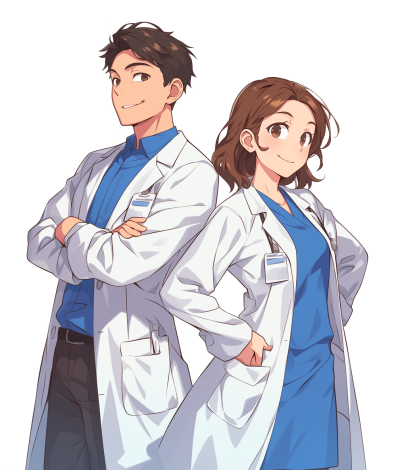 Japanese anime style illustration of two young doctors, one male and the other female with brown hair wearing white lab coats over blue shirts. They have their arms crossed behind them smiling at the camera. White background. Full body shot. The man has short dark blonde or light brunette hair and is tall and muscular; he also wears glasses on his face. He is not too big for coloring books. His expression should be friendly and approachable. The illustration is in the style of a Japanese anime artist.