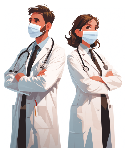 flat vector illustration of two young doctors, a male and a female wearing white coats with stethoscopes around their necks, both standing tall looking forward towards the camera with their arms crossed in front of them. They wear face masks to protect themselves from artists' street, on an isolated background, at a high resolution.