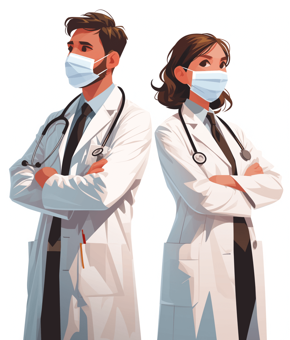 flat vector illustration of two young doctors, a male and a female wearing white coats with stethoscopes around their necks, both standing tall looking forward towards the camera with their arms crossed in front of them. They wear face masks to protect themselves from artists’ street, on an isolated background, at a high resolution.